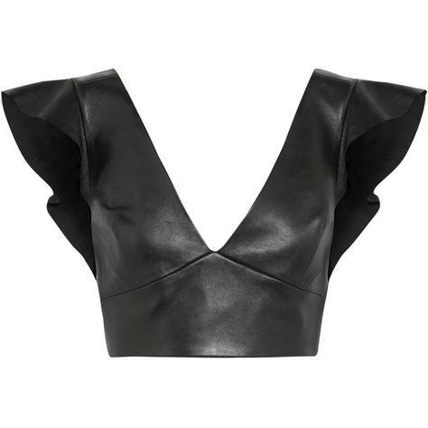 Isabel Marant Glenside cropped ruffled leather top ($1,085) ❤ liked on Polyvore featuring tops, black, leather top, flounce crop top, snap shirt, leather shirt and deep v neck top Frilly Shirt, Frilly Top, Leather Crop Top, Flounce Top, Top Moda, Frill Tops, Leather Shirt, Top Crop, Flutter Sleeve Top