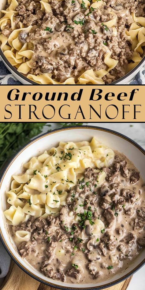 🥘✨ Make dinner delicious and simple with Ground Beef Stroganoff! This creamy, hearty dish is ready in just 30 minutes, making it perfect for busy weeknights. A classic comfort food favorite! 😋 #BeefStroganoff #QuickDinnerIdeas #ComfortFoodRecipes #EasyDinner ❤️ Healthy Beef Meals For Dinner, Lazy Man Beef Stroganoff, Beef And Noodles Ground Beef, Homemade Stroganoff Recipe, Beef Stroganoff Meal Prep, Simple Beef Dinner Recipes, Poor Mans Stroganoff, Slow Cooker Ground Beef Stroganoff, Beef Stroganoff For Two