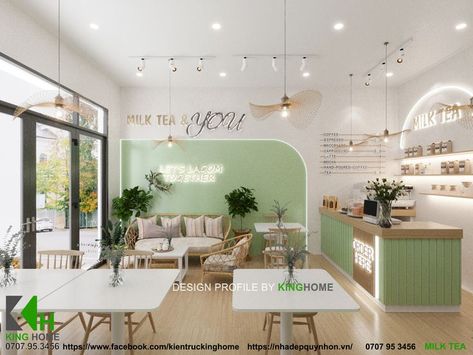 Green Cafe Interior Design, Boba Tea Shop Interior Design, Green Cafe Interior, Green Coffee Shop, Juice Bar Interior, Cafe Design Inspiration, Small Restaurant Design, Mini Cafe, Bakery Shop Design