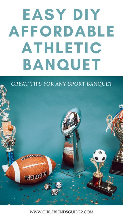 Cheer And Football Banquet, Easy Banquet Centerpieces, Middle School Sports Banquet, End Of Year Sports Banquet Ideas, End Of Season Football Banquet, Athletic Banquet Ideas, Senior Banquet Ideas, Sports Banquet Centerpieces Diy, Sports Banquet Food Ideas