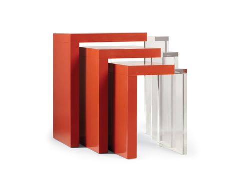 Ted Boerner's Three-Way Nesting Tables. Find on bellvine.com Dennis Miller, Tidy Room, Small End Tables, Wood And Acrylic, Messy Room, Square Side Table, Red Table, Block Wall, Round Side Table