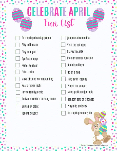 April Bucket List - Confessions of Parenting April Newsletter Ideas, April Bucket List 2024, April To Do, April Bucket List Ideas, Monthly Bucket List Ideas, Easter Bucket List, April Bucket List, Monthly Bucket List, Spring Movies