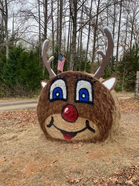 Hay Bale Pumpkin, Farm Christmas Decorations, Hay Bale Fall Decor, Hay Bale Fall, Hay Bale Decor, Painted Hay Bales, Hay Bail, Hay Bale Decorations, Hay Bale Art