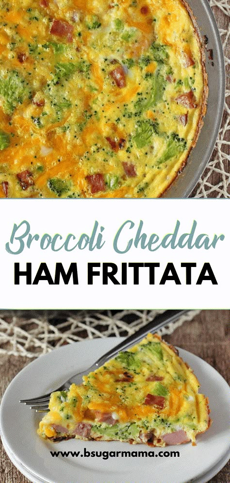 Broccoli Cheddar and Ham Frittata Recipe made with fresh broccoli, sharp cheddar cheese, and chunks of ham. Great for breakfast! #frittata #broccoli #ham #cheese Crustless Ham And Broccoli Quiche, Ham And Broccoli Breakfast Casserole, Broccoli And Ham Recipes, Fritata Recipe Broccoli, Broccoli Cheddar Frittata, Broccoli Ham Cheese Egg Casserole, Ham Broccoli Quiche, Fritata Recipe Ham And Cheese, Ham And Cheese Frittata Recipes