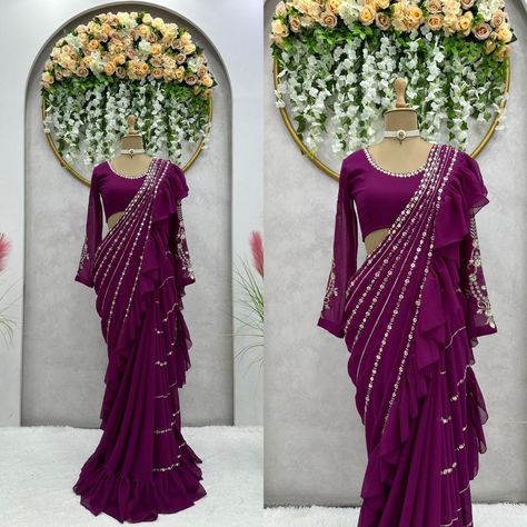 Order #KD399 Georgette Saree * * @Rs1800 * on Whatsap 9619659727 ArtistryC.in New Saree Style, Bridal Anarkali, Dhoti Saree, Reception Saree, Bridesmaid Saree, Soft And Feminine, Saree Style, Simple Sarees, Dark Maroon