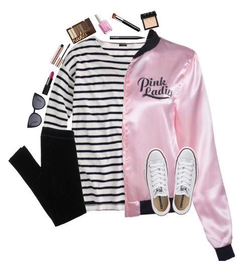 cute grease pink ladies costume Pink Ladies Grease Bachelorette Party, Pink Lady Outfit Grease, Diy Pink Ladies Costume, Pink Ladies Costume Grease, Pink Ladies Grease Costume, Grease Pink Ladies Costume, Pink Ladies Halloween Costume, Pink Ladies Halloween Costumes, Pink Ladies Costume