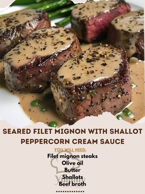 🥩🍴 Treat yourself to the exquisite Seared Filet Mignon with Shallot Peppercorn Cream Sauce for a luxurious and flavorful meal! 🍷🥩 #FiletMignon Seared Filet Mignon with Shallot Peppercorn Cream Sauce Ingredients: Filet mignon steaks (4) Olive oil (2 tbsp) Butter (2 tbsp) Shallots (2, finely chopped) Beef broth (1 cup) Heavy cream (1/2 cup) Green peppercorns (2 tbsp) Salt and pepper (to taste) Instructions: Season filet mignon with salt and pepper. Heat olive oil in a skillet and sear steak... Peppercorn Cream Sauce, Seared Filet Mignon, Chopped Beef, Gourmet Steak, Mignon Steak, Filet Mignon Recipes, Filet Mignon Steak, Cream Sauce Recipes, How To Cook Beef