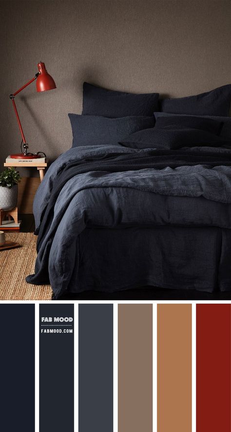 dark blue and warm taupe bedroom, brown grey bedroom, earth tone bedroom, bedroom color ideas, dark blue bedroom, bedroom color palette #bedroom #bedroomcolors #colorscheme Dark Color Theme Bedroom, Slate Gray Bedroom Ideas, Brown Tone Bedroom Ideas, Dark Tone Color Palette, Dark Blue And Beige Bedroom, Dark Blue And Brown Bedroom, Dark Taupe Walls, Earth Tone Blue Bedroom, Brown Blue Bedroom