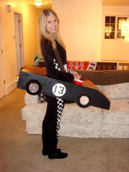 DIY Halloween Costume. Race car driver with cup holder. #halloween Diy Race Car Driver Costume Women, Car Costume Diy, Diy Race Car Driver Costume, Kindy 500, Race Car Costume, Cars Halloween Costume, Cardboard Cars, Nascar Costume, Halloween Trio