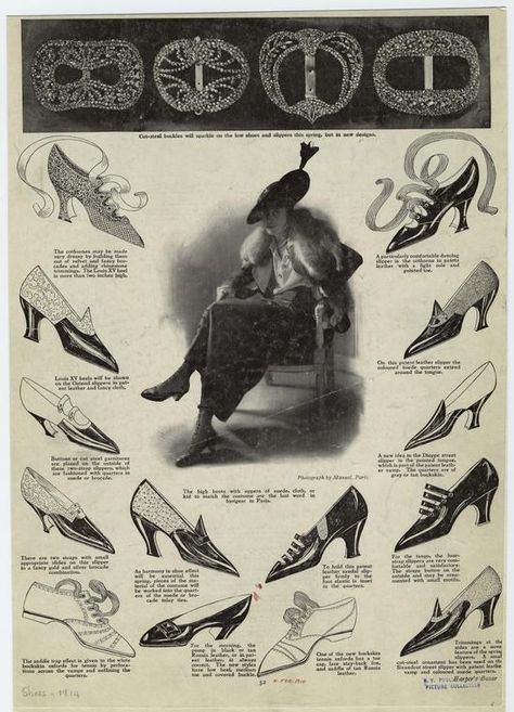 Various Types Of Shoes And Shoe Buckles For Women, 1910s. - NYPL Digital Collections 1912 Shoes, 1912 Titanic, 10s Fashion, Edwardian Shoes, 1920s Shoes, Drawing Shoes, Century Shoes, Fashion 1910, Historical Shoes