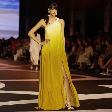 Yellow Magnolia, Australian Fashion Week, Ombre Maxi Dress, Ombre Print, Ochre Yellow, Leg Split, Statement Dress, Australian Fashion, Shades Of Yellow