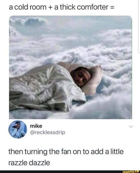 a cold room + a thick comforter = then turning the fan on to add a little razzle dazzle – popular memes on the site iFunny.co #weather #animalsnature #cold #room #comforter #then #turning #fan #add #razzle #dazzle #pic Funny Good Morning Memes, Weather Memes, Funny Weather, Makeup Colorful, Funny People Pictures, Morning Memes, Makeup Simple, Introvert Humor, Crush Memes