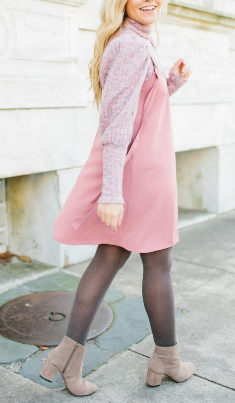 Pink Jumper Dress | COLOR by K Pink Jumper Dress, Casual Pink Pinafore Dress For Spring, Pink Winter Sweater Dress, Women’s Jumper Dress, Pink Jumper Outfit, Pink Pinafore Dress, Pinafore Dress Outfit, Jumper Dress Outfit, Dress Outfit Winter