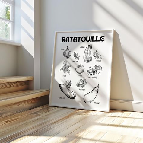 Ratatouille Print - Food Lover Kitchen Wall Decor - Ingredients For Ratatouille Art - Digital Art Print Ratatouille Themed Kitchen, Ratatouille Decor, Ratatouille Inspired Kitchen, Ratatouille Gusteau Restaurant, Remi's Ratatouille, Kitchen Wall Decor, Digital Art Prints, Food Print, Food Lover