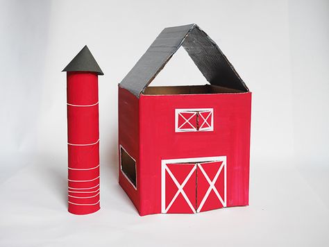 Farm Animal Art Projects, Cardboard Farmhouse, Barn Craft For Toddlers, Barn Craft, Toy Farm Diy, Farm Animals Made Out Of Boxes, Diy Barn, Diy Toy Barn For Kids, Wooden Toy Barn Target