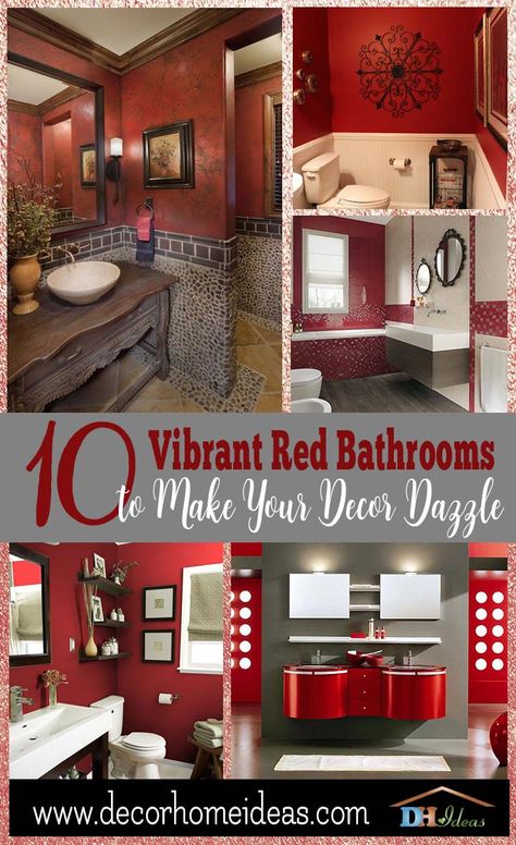 Red Bathrooms Designs, Red Bathroom Vanity Cabinets, Small Red Bathroom Ideas, Red And Gray Bathroom Ideas, Red Accent Wall Bathroom, Red Black And Gray Bathroom Ideas, Red Half Bathroom Ideas, Red Powder Room Ideas, Red Accent Bathroom