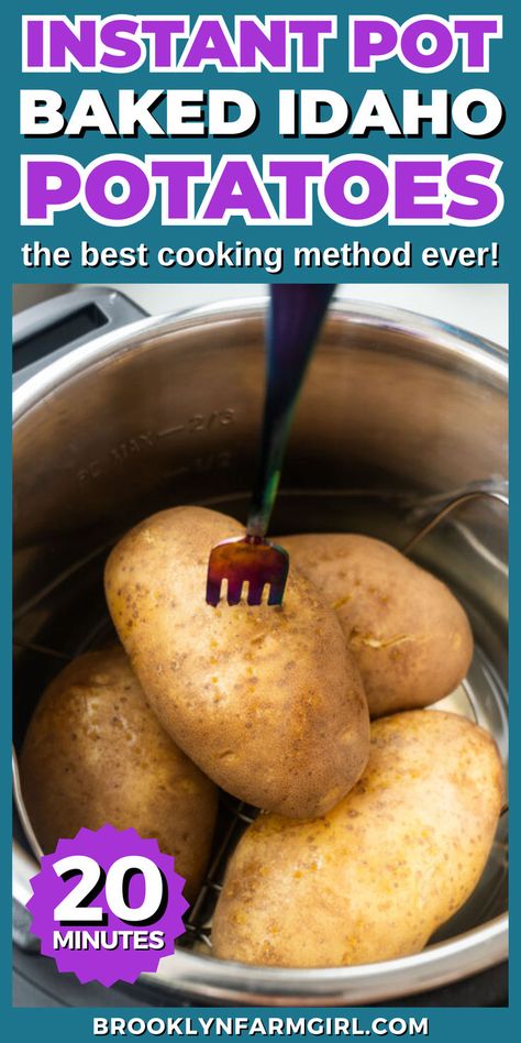 4 big potatoes inside an instant pot with fork piercing the potato on top Instant Pot Baked Potatoes, Instapot Recipes Chicken, Cooking Baked Potatoes, Best Baked Potato, Small Potatoes, Perfect Baked Potato, Making Baked Potatoes, Pot Recipes Easy, Healthy Instant Pot Recipes