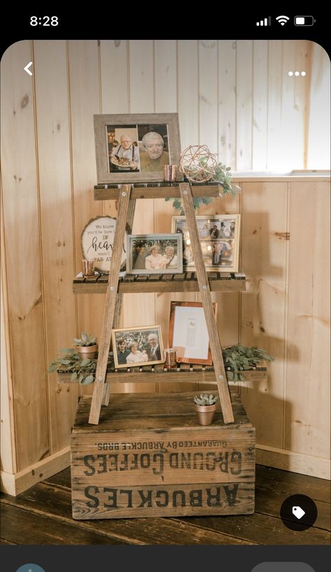 Memory Table Ideas For Home, Lost Family Members Wedding, Wedding Gift Table Ideas Rustic, Memory Ladder For Wedding, Diy Wooden Wedding Decor, Ways To Display Photos At Wedding, Meet The Wedding Party Display, Memorial Ladder Wedding, Crates For Wedding Decor