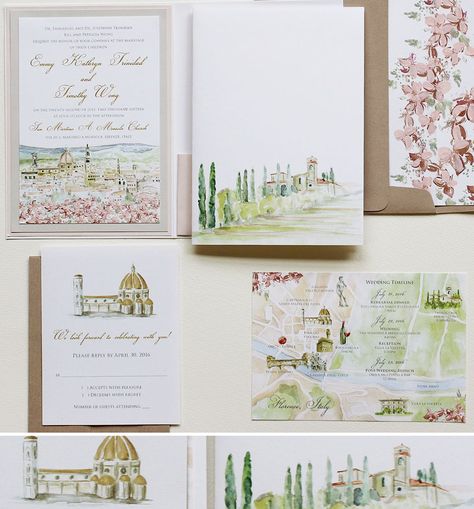 Pastel watercolor wedding invite with a stunning view of Florence, Italy. #momentaldesigns  #kristyrice  #italywedding  #handpaintedinvite  #landscapeinvite  #watercolorwedding #italywedding  #italian  #italy  #italianlandscape  #italy  #florenceitaly  #florencewedding  #florenceinvite Wedding Bomboniere, Painted Wedding Invitation, Watercolour Wedding Stationery, Florence Wedding, Tuscan Wedding, Hand Painted Wedding, Country Wedding Invitations, Wedding Timeline, Invitation Inspiration