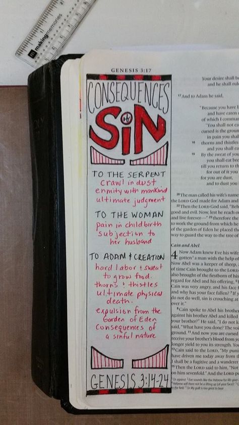 Genesis 3:14-24. The consequences of sin as revealed in the story of Adam and Eve. Genesis 2 Bible Journaling, Messy Bible, Adam And Eve Bible, Jesus Journal, Bible Journaling For Beginners, Bible Journaling Supplies, Lds Scriptures, Verse Mapping, Message Bible