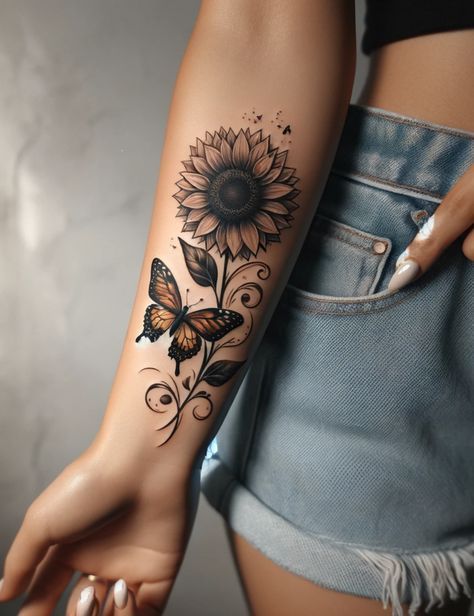 Arm Tattoos For Women Forearm, Sunflower Tattoo Sleeve, Arm Sleeve Tattoos For Women, Butterfly Tattoos For Women, Tattoos For Women Flowers, Family Tattoo, Nautical Tattoo, Tasteful Tattoos, Moth Tattoo