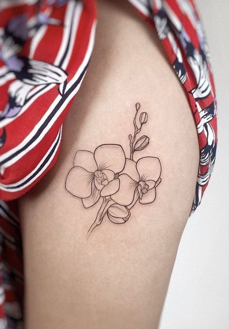 Classy Floral Tattoo, Small Tattoos Orchid, Orchid Tattoo Leg, Aquarius Tattoo Orchid, Orchid Tattoo Design For Women, Orchid Outline Tattoo, Orchid Tattoo Minimalist, Simple Orchid Tattoo, Fine Line Orchid Tattoo