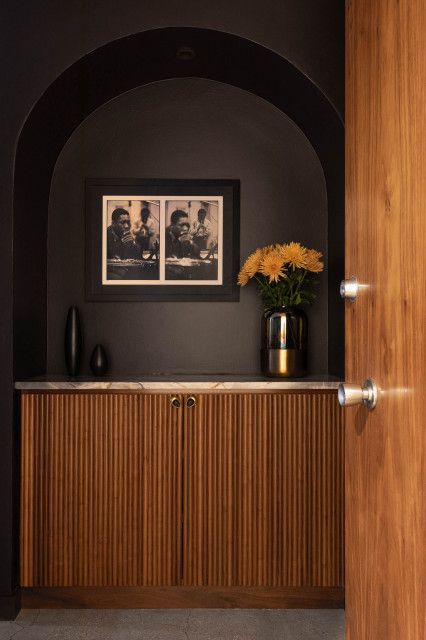 Sunset Strip Sanctuary - Contemporary - Entry - Other - by Studio Palomino | Houzz Back Door Entry Ideas, Dark Foyer, Moody Entryway, End Of Hallway, Walls Ideas, Metal Front Door, Concrete Retaining Walls, Modern Entry, Black Front Doors