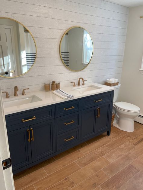 Navy Double Sink Bathroom Vanity, Navy Blue Bathroom Floor Tile Ideas, Shiplap Over Bathroom Vanity, Blue Vanity Bathroom Farmhouse, Bathroom Floor Tile Ideas With Blue Vanity, Blue Vanity White Tile Bathroom, Navy Bathroom Vanity Gold Hardware, Bathroom Vanity Colors Blue, Harbor Blue Bathroom Vanity