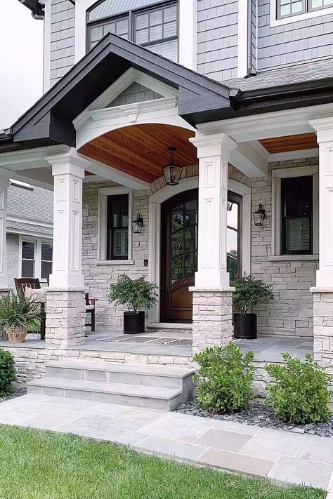 Front Porch Stone, Front Porch Columns, Front Porch Lighting, Hamptons Style Home, Dream Farmhouse, Porch Columns, Front Porch Design, Farmhouse Interior, Porch Design