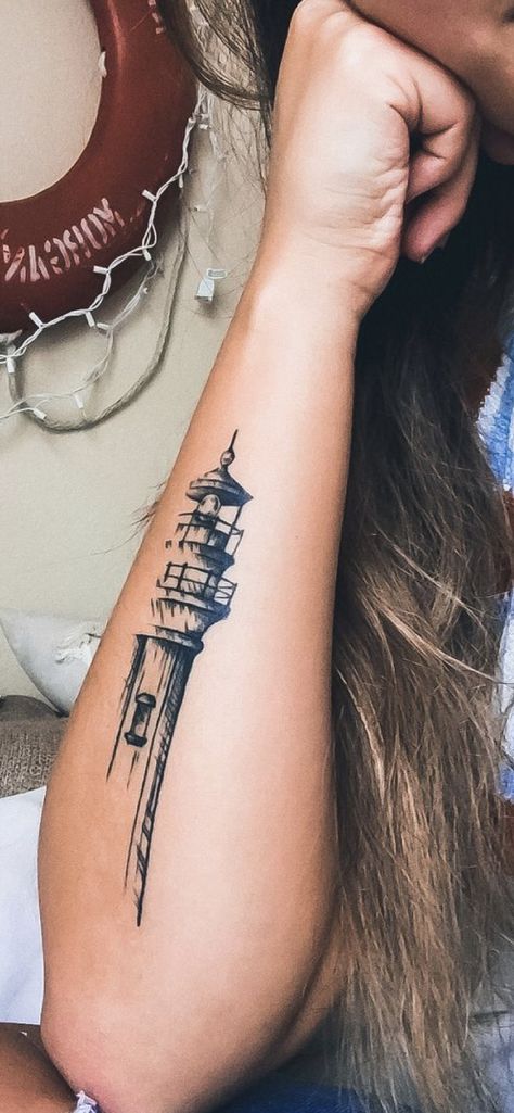 Lighthouse Shin Tattoo, Light House Tattoo Design, Bay Area Tattoos, Lighthouse Tattoo Men, Lighthouse Tattoo For Women, Tattoos For Growth And Change, Light House Tattoo, Teddy Tattoo, Lighthouse Tattoos