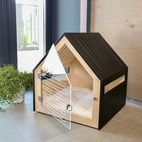 modern indoor dog house crate with clear door Indoor Dog House For Big Dogs, Custom Dog House Indoor, Dog House Indoor, Luxury Dog House, Modern Pet Furniture, Modern Dog Houses, Indoor Dog House, Cat Houses Indoor, Acrylic Door