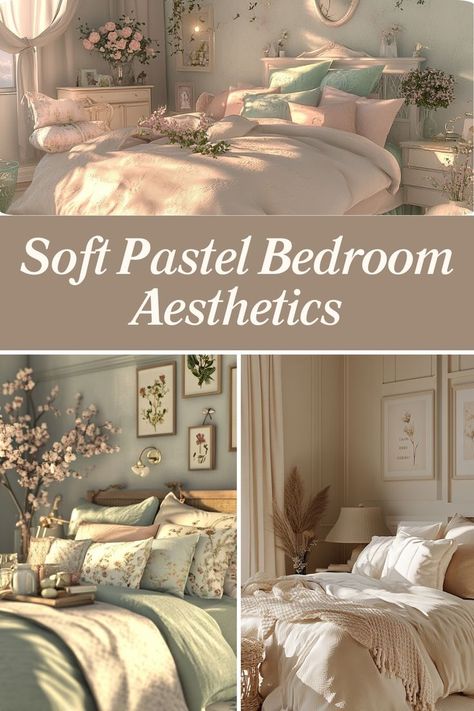 Design a calming bedroom with soft pastel colors and cozy accents for a serene vibe. #PastelDecor #BedroomAesthetics #CozyBedroom Beige And Pastel Bedroom, Pastel Colors Bedroom Ideas, Soft Pastel Bedroom, Pastel Bedroom Aesthetic, Pastel Aesthetic Bedroom, Pastel Bedroom Ideas, Pastel Room Aesthetic, Pastel Bedroom, Bedroom Aesthetics