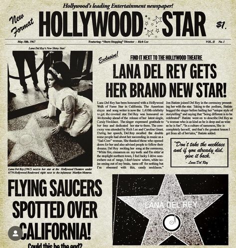 2000s Posters, 80s Aesthetic Wallpaper, Lana Del Rey News, Hollywood Theater, Newspaper Collage, Lana Del Rey Vinyl, Celebrity Singers, Vintage Newspaper, Newspaper Design