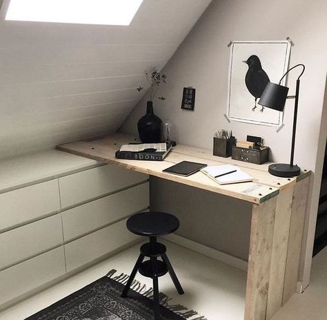 Creative Home Office Space Ideas, Upstairs Home Office, Low Ceiling Attic Office, Small Loft Office Ideas, Small Workspace In Bedroom, Slanted Wall Ideas, Small Loft Office Ideas Upstairs, Slanted Ceiling Office, Small Attic Office