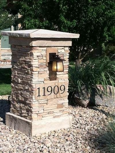 stone pillar with house numbers on it | Home Entry Pillar with House ... Stone Mailbox, Brick Mailbox, Brick Pillars, Driveway Entrance Landscaping, Mod House, Stone Driveway, Driveway Lighting, Driveway Entrance, Entrance Gates Design