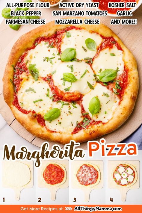 Margherita Pizza served on a wooden pizza peel. steps to make Margherita Pizza. ingredients to make Margherita Pizza. Pizza Basil Mozzarella, Mozzarella Pizza Recipes, Pizza With Fresh Mozzarella, Fresh Mozzarella Pizza, Pizza With Basil, Homemade Chicken Alfredo, Tomato Mozzarella Basil, Basil Pizza, Week Meals