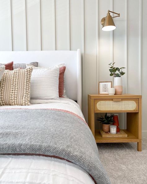 • Tuesday Inspiration • We love this bedroom for a relaxing, summertime coastal feel. The vertical board & batten adds the perfect amount… Board And Batten Room Bedrooms, Board And Batten Slat Wall, Vertical Board And Batten Wall Bedroom, Bat And Board Walls Bedroom, Board And Batten To Ceiling, Board And Batten Slanted Ceiling, White Board And Batten Wall Bedroom, Board And Batten Wall Behind Bed, Board And Batten Accent Wall Bedroom