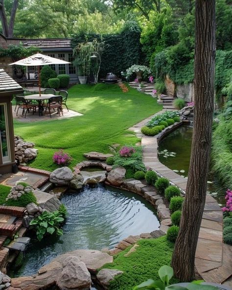 Japan Garden Design, Backyard Streams, Backyard Stream, Dream Garden Backyards, Functional Backyard, Backyard Landscaping Layout, Fish Pond Gardens, Landscaping Layout, Lake Garden