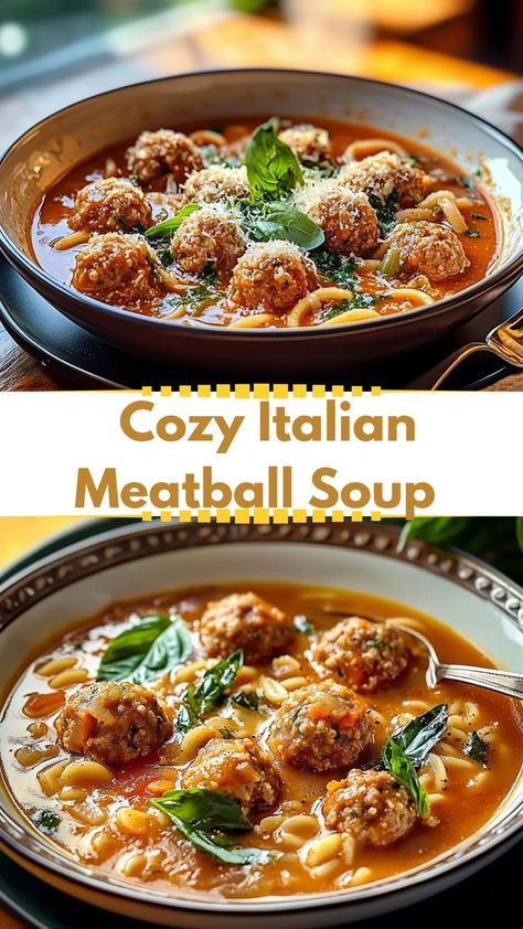 Transform your winter meals with this hearty Italian Meatball Soup! It’s a wholesome recipe idea perfect for Friendsgiving dinner or any cozy evening. The tender meatballs and robust tomato-based broth make it a delicious, healthy winter treat. Quick to prepare and brimming with flavor, this soup is the perfect balance of comfort and nutrition, making it a must-have for your winter recipe collection. Italian Meatball Soup, Soup Comfort, Meatball Soup Recipes, Savory Meatballs, Tender Meatballs, Italian Meatball, Winter Meals, Friendsgiving Dinner, Soup Ideas