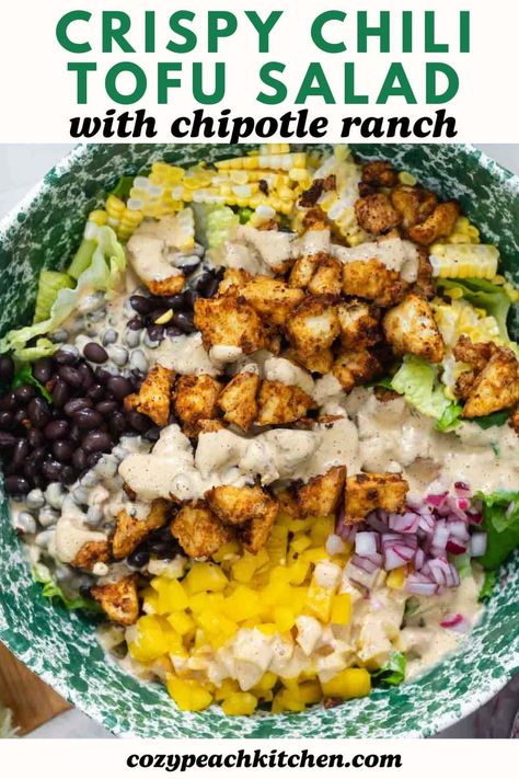 With Tex-Mex-inspired flavors, 25 grams of protein per serving, and just 10 minutes of active time, this vegetarian crispy tofu salad is hard to beat! Crispy Tofu Salad, Salad With Tofu Recipes, Tofu Salad Recipes Healthy, High Protein Vegetarian Salad, Tofu Salad Recipes, Chipotle Tofu, Red Onion Recipes, Tofu Salad, Tempeh Recipes