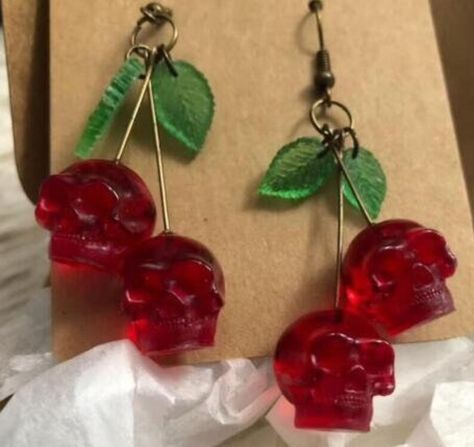 2pc Dangle Red Skull Cherry Green Leaves Red Skulls Earrings - Etsy Cherry Drop Earrings, Girl Skull, Skull Pin, Goth Earrings, Quirky Earrings, Cherry Earrings, Rockabilly Pin Up, Red Skull, Funky Earrings