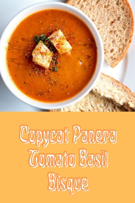 Copycat Panera Tomato Basil Soup, Panera Tomato Basil Soup, Tomato Bisque Recipe, Tomato Basil Bisque, Tomato Bisque Soup, Bisque Soup Recipes, Tomato Basil Soup Recipe, Copycat Panera, Bisque Soup