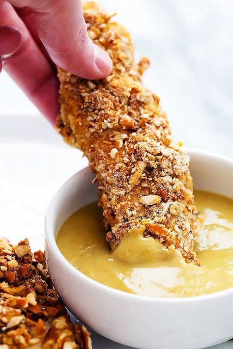 Baked Pretzel Crusted Chicken Tenders (video) | Creme De La Crumb Chicken Tenders Dinner, Pretzel Chicken, Pretzel Crusted Chicken, Baked Chicken Strips, Crusted Chicken Tenders, Baked Pretzels, Chicken Tenderloin Recipes, Chicken Baked, Pretzel Crust