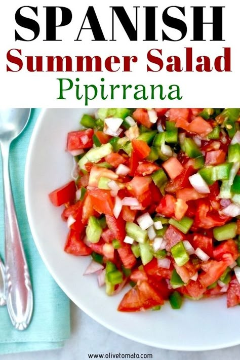 Spanish Summer Salad Pipirrana Refreshing salad perfect for hot summer days. #spanishcuisine #spanishfood #salad #tomatoes #vegan #mediterranean #mediterraneandiet #mediterraneanfood Portugese Recipe, Allotment Recipes, Spanish Salad, Courtyard Dining, Spanish Dinner, Easy Spanish Recipes, Spanish Tapas Recipes, Vegan Mediterranean, Spanish Summer