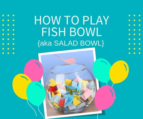 The fishbowl game (or salad bowl game as it is also known) is a fun memory game played over 3 rounds that combines the games Charades, Taboo and Password. Learn how to play one of our favorite, easy indoor group games suitable for the family - adults, teenagers and kids. Fish Bowl Game, Fishbowl Game, Indoor Group Games, Thanksgiving Games For Adults, Homemade Carnival Games, Taboo Game, Summer Camp Games, Youth Group Activities, Reunion Games