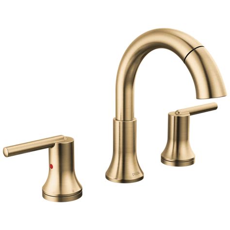 Delta Trinsic 3-Hole Widespread Pull Out Sprayer Bathroom Faucet, 2-Handle Bathroom Sink Faucet | Wayfair Delta Trinsic Champagne Bronze, Log Home Renovation, Gold Bathroom Faucet, Delta Trinsic, Contemporary Bath, Pull Out Faucet, Rustic Luxe, Bath Collection, Bathroom Hardware Set