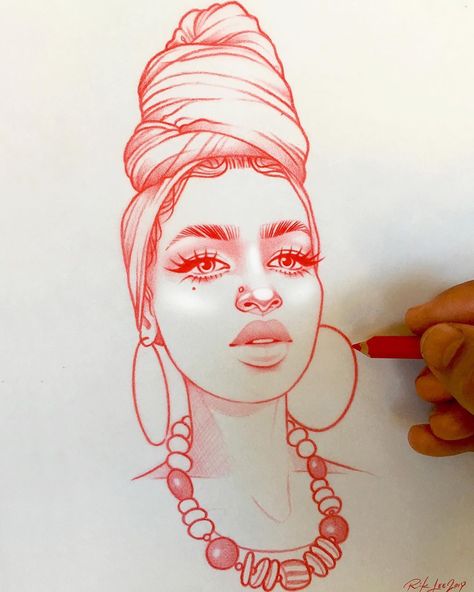 Rik Lee on Instagram: “Women of the world 🖤 . #riklee #illustration #art #sketch #drawing #portrait #pencildrawing #babe #headwrap #hoopearrings #mua #african” Angel Ganev, Rik Lee, African Drawings, African Tattoo, Kunst Tattoos, Girl Drawing Sketches, African Art Paintings, Drawing Portrait, Arte Sketchbook