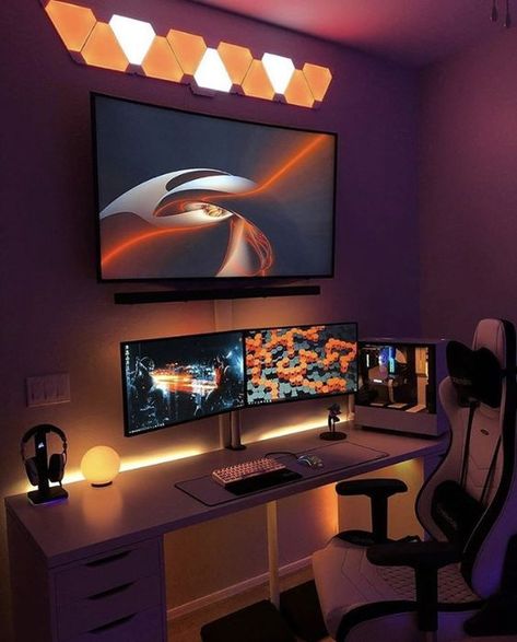 Gaming Computer Room, Gaming Desk Setup, Computer Gaming Room, Gamer Room Decor, Video Game Room Design, Boy Bedroom Design, Desktop Setup, Video Game Rooms, Bedroom Setup