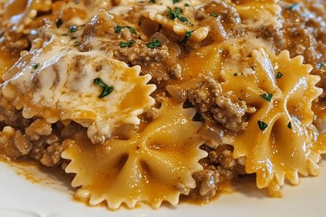 Creamy Beef and Bowtie Pasta Bow Tie Pasta Meals, Hamburger Bowtie Pasta Recipes, Creamy Beef Bowtie Pasta, Simple Bow Tie Pasta Recipes, Cheesy Bowtie Pasta, Truffle Alfredo Pasta, Beef And Bowtie Pasta Recipe, Creamy Beef And Bowtie Pasta, Creamy Beef And Bow Tie Pasta