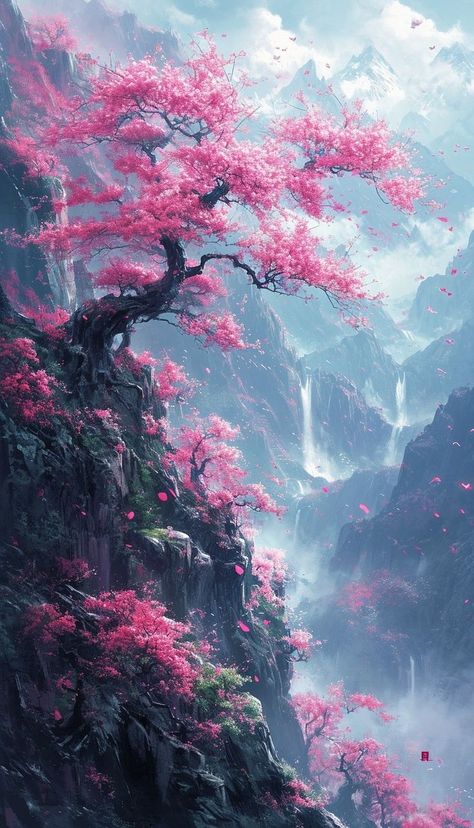 Sakura Tree Wallpaper Iphone, Anime Sakura Tree, Sakura Tree Aesthetic, Sakura Tree Wallpaper, Sakura Tree Painting, Sakura Tree Art, Mountain And Waterfall, Photo Japon, Japan Tree